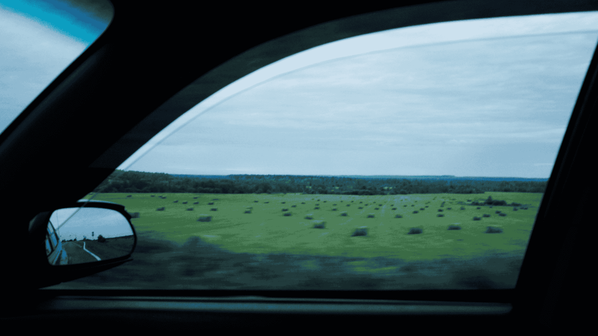 the view of farmland through a car window